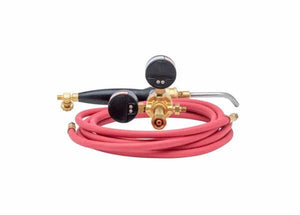 The Harris Inferno 6MC Quick Connect Kit CGA-200 (4400088) includes a red rubber welding hose, brass and black gas regulator with dual pressure gauges, and a silver torch nozzle, displayed coiled together on a plain white background.