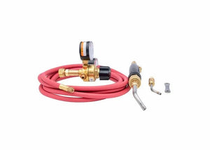 The Harris Inferno 6MC Quick Connect Kit CGA-200 (4400088) includes a red hose, brass gas regulator with gauge, metal torch handle with curved nozzle, quick connect Inferno tips, and a fitting—all displayed on a white background.