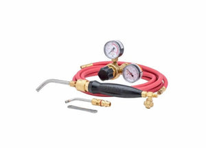 The Harris Inferno 6MC Quick Connect Kit CGA-200 (4400088) includes a red hose, dual pressure gauges, valve controls, black-handled torch with bent nozzle, quick connect Inferno tip, and small wrench—ideal for copper tube soldering.
