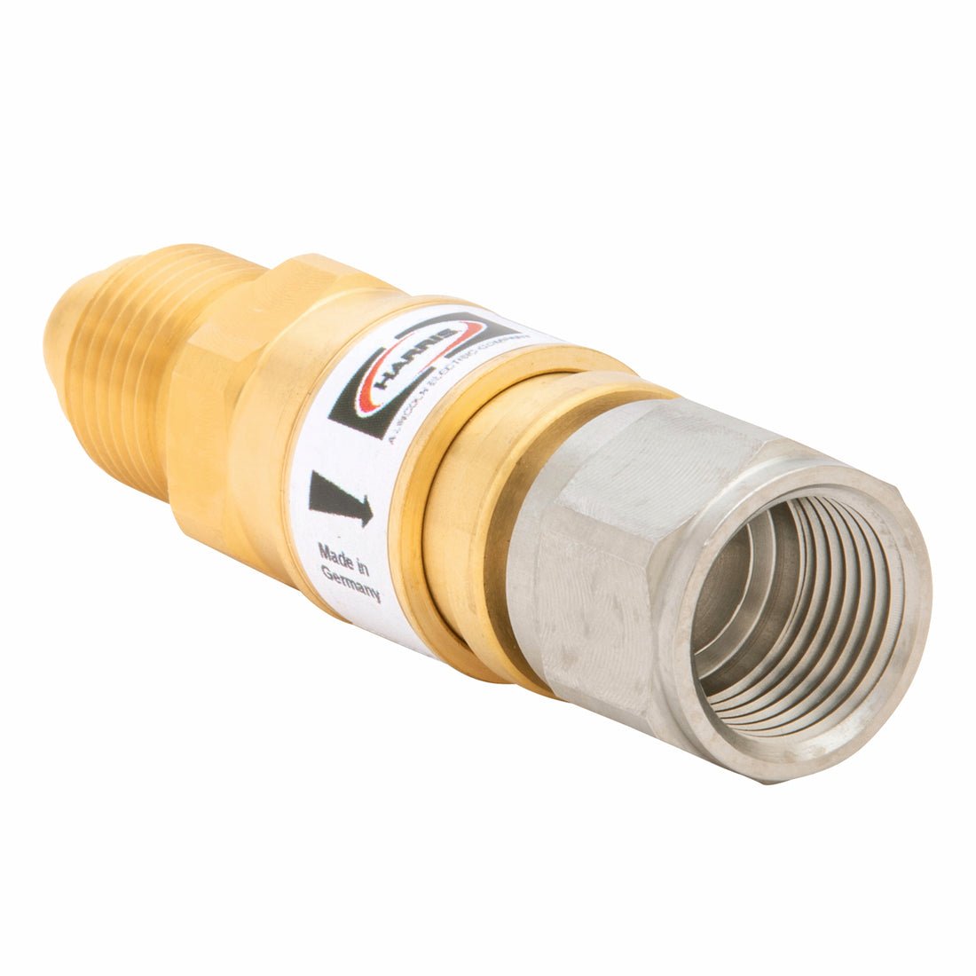 Harris IQC M-F Regulator-to-Hose Quick Connector 4311613, brass & silver, threaded, for welding equipment, Made in Germany.