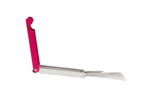 The Harris King Tip Cleaner - 2010690 features a red handle with a hook-shaped top and a metal body. Partially unfolded, it reveals multiple thin prongs fanned out from one end. The tool is shown isolated on a white background.