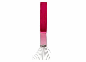 The Harris King Tip Cleaner - 2010690 is shown upright with a pink rectangular handle and fine metal wires extending from the bottom. The smooth, shiny handle stands out against the plain white background.