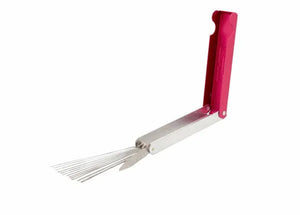 The Harris King Tip Cleaner - 2010690 is a metal tool with a pink handle, resembling a Swiss Army knife, and features a fold-out paring knife and thin metal tines extended in an L-shape against a plain white background.