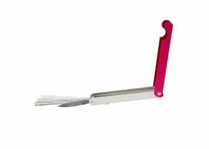 The Harris King Tip Cleaner - 2010690 is a red and silver tool with multiple thin metal picks fanned open and a hooked handle, designed for locksmith use. Its shape and color stand out against the white background.