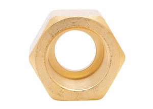 Harris LH Manifold Union Nut 9005725 for CGA-V10, hex brass welding accessory for manifolds, shown on a white background.