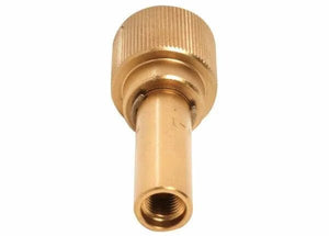 A detailed view of a brass valve stem adapter with a knurled cap, like those in the Harris V-W-1 V-Series All Fuel Gases Equal Pressure Mixer (9105213), designed for converting tire valve stems for inflation.