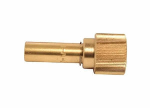 The Harris V-W-1 V-Series All Fuel Gases Equal Pressure Mixer (9105213) features a brass adapter with a cylindrical body and textured, round screw-on cap for connecting hoses or pipes in equal pressure mixer systems.