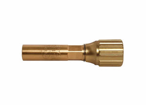 A brass garden hose nozzle with a knurled grip and smooth cylindrical body, crafted using precision metal fabrication, designed for controlling water flow.
