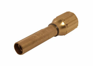 A brass garden hose nozzle with a ribbed grip and cylindrical opening, crafted through precise metal fabrication, designed for attaching to a hose and adjusting the water spray pattern.