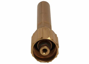A brass gas fitting or connector with a threaded end facing forward, designed for attaching to hoses or propane tanks. Ideal for metal fabrication, it features a cylindrical body and a ridged grip section near the threaded opening.
