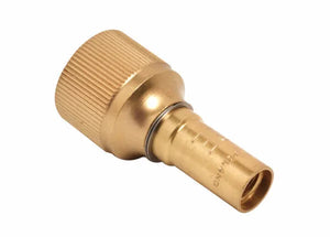 A brass hose connector fitting with a knurled grip and an O-ring seal, designed for connecting hoses or pipes in medium duty welding or brazing and heating applications.