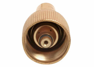 Close-up view of a brass garden hose connector with a threaded end and rubber washer visible inside the opening, similar in design to fittings used for medium duty welding, brazing and heating applications.