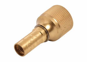 A brass hose fitting adapter with a knurled grip, ideal for brazing and heating tasks, featuring a wider threaded end and a narrower, smooth cylindrical end.