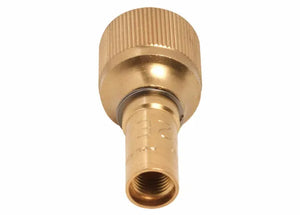 Brass adapter fitting with a knurled grip, cylindrical body, and threaded end—ideal for connecting hoses or pipes in medium duty welding, brazing and heating applications using equal or positive pressure mixers.