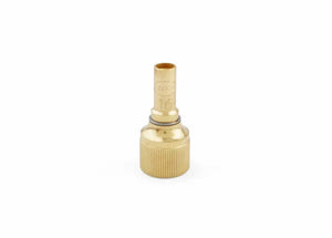 A brass-colored E-equal pressure mixer nozzle or connector with a ridged base and narrow cylindrical top, photographed against a plain white background.