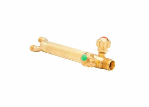 The Harris 1401410 15-5 Aircraft-Style Torch Handle features front valves, red and green control knobs, ribbed grip, and threaded ends—perfect for welding and brazing—all shown on a plain white background.