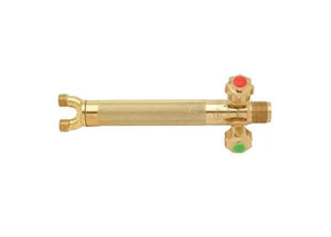 The Harris 1401410 15-5 Aircraft-Style Torch Handle features front red (fuel) and green (oxygen) valves, a threaded connection, and a port for welding tip attachment—ideal for welding and brazing applications.