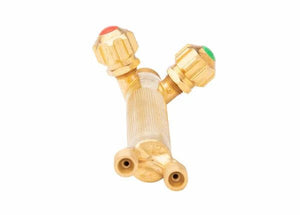 The Harris 1401410 15-5 Aircraft-Style Torch Handle features two ribbed, outward-angled front valves—one red, one green—a textured grip, and twin nozzle ports on a brass handle, shown against a white background.