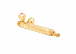 The Harris 1401410 15-5 Aircraft-Style Torch Handle with Front Valves features two adjustment knobs (top knob with red center, side knob), a grooved cylindrical brass body for grip, and two nozzle openings on one end.