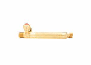 The Harris 1401410 15-5 Aircraft-Style Torch Handle features a ribbed brass body, threaded ends, front valves, and a red-topped side knob. Designed for welding and brazing, it is displayed against a plain white background.