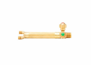 The Harris 1401410 15-5 Aircraft-Style Torch Handle features a brass ribbed cylindrical body, two left nozzle outlets, and a single right-side adjustment valve with green label and red top. Aircraft-style design. Shown on a white background.