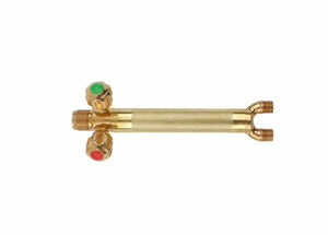 The Harris 1401410 15-5 Aircraft-Style Torch Handle features two front valves with green and red knobs, a textured grip, and dual threaded connections, all shown against a white background.