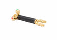 The Harris 1401156 19-6 Combination Torch Handle features brass and black design, two front valves (green/red), dual hose connectors, single threaded outlet, and built-in FlashGuard check valves for enhanced safety.