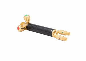 Harris 1401143 19-6A welding torch handle with black/brass body, red/green gas flow valves, check valves for welding/cutting.