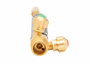Brass gas regulator for welding, dual knobs (green, red), fits Harris 1401143 19-6A torch handle, precise gas control tool.