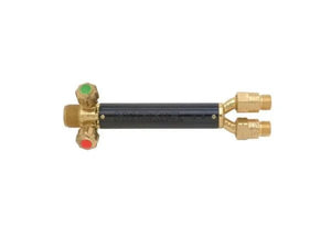 Harris 1401143 19-6A welding torch handle with front and check valves, black body, threaded connectors, red & green caps.