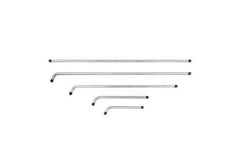 Five metal rods of varying lengths, each with black tips on both ends, are laid out on a white background. One end is bent at a right angle, resembling flame cleaning heads or Harris tip tube accessories.