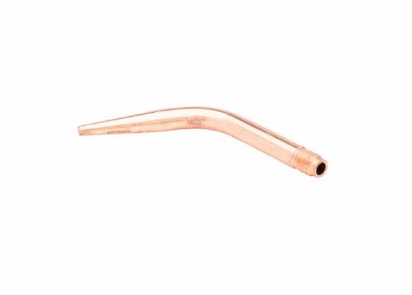 A Harris 23A90 copper brazing tip features a bent shape and threaded end, making it ideal for precision welding or cutting tasks, isolated on a white background.
