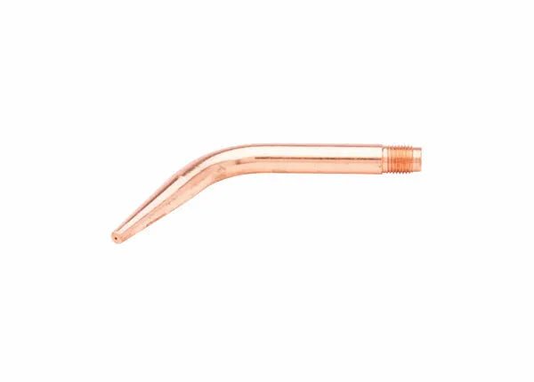 A Harris Model 23A90 copper welding brazing tip with a threaded end and curved nozzle, designed for use with acetylene hydrogen gases, isolated on a white background.