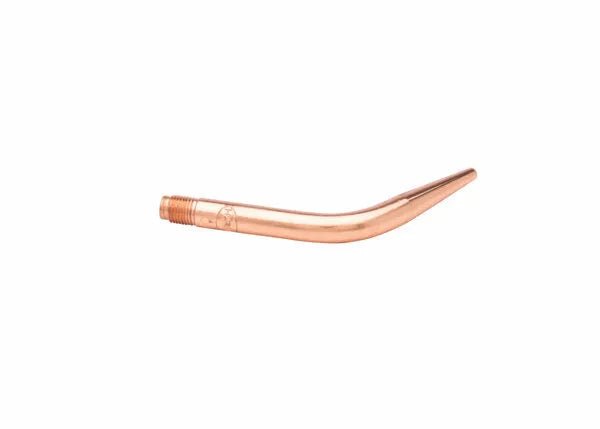 A single Harris Model 23A90 welding brazing tip, featuring a copper build with a threaded end and curved shape, designed for use with acetylene hydrogen, isolated on a white background.