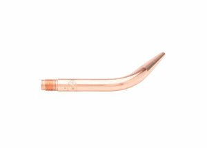 A copper-colored metal tube, resembling a Harris Model 23A90 brazing tip, with a threaded end and a curved, tapered tip, isolated on a white background.