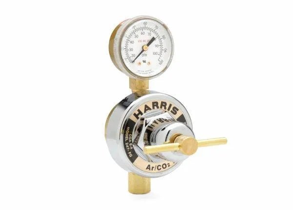 The Harris 4000810 - 247-FG-1/4 in. Pipeline Single Stage Flowgauge Regulator features a brass and chrome build, top-mounted psi gauge, Harris-labeled dial, horizontal adjustment lever, and is ideal for high flow Air/CO₂ applications.