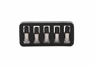A set of five cylindrical metal Harris Model 26-L Ignitor Renewal Flints (9004484) with knurled grips, neatly arranged in a black plastic holder. Each flint is spaced and partially enclosed for easy use with Harris or single flint ignitors.