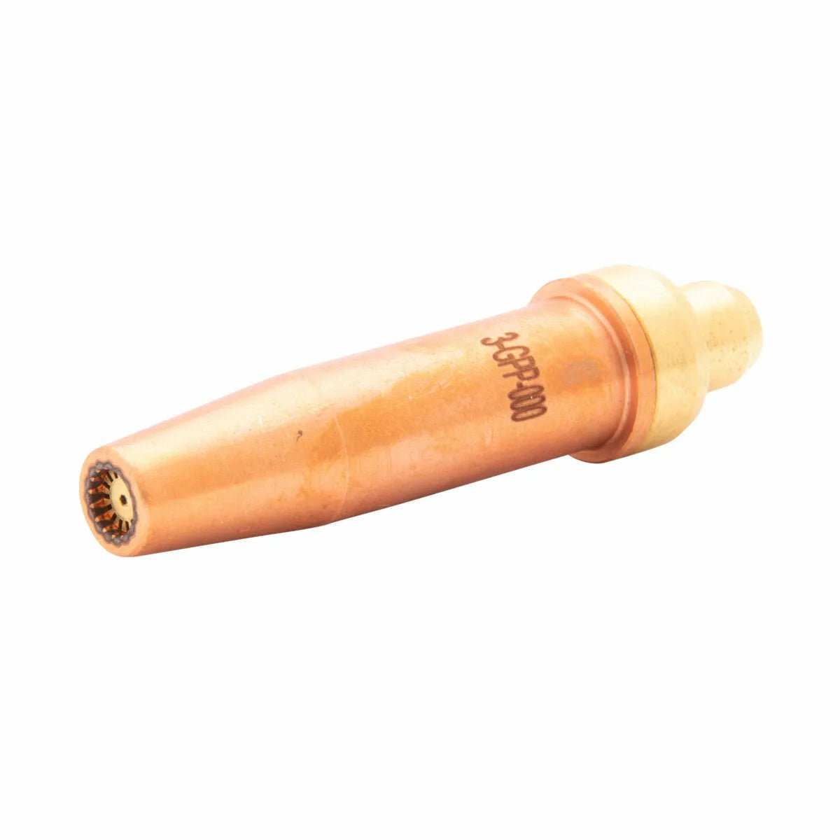 Harris Model 3-GPP-1 V-Series copper hand cutting tip for welding torches, ridged nozzle, engraved label, on white background.