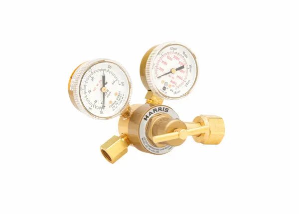 Harris 3000164 single-stage flowgauge regulator for welding, with dual gauges and HARRIS label, ideal for shielding gas control.