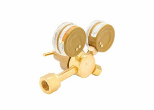 Harris 3000164 301-CD60-320 Single Stage Flowgauge Regulator for welding gases, dual gauges, large connector, white background.