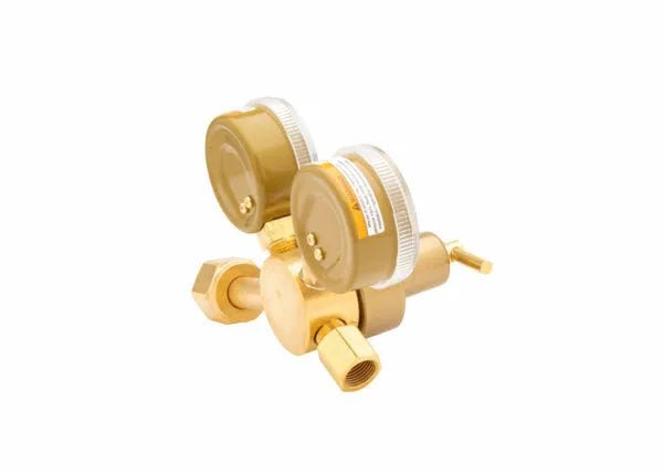 Harris 3000164 - 301-CD60-320 welding gas regulator with dual pressure gauges, threaded connectors on white | WeldingMart tool.