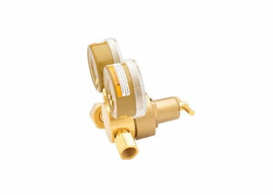 Harris 3000164 single stage flowgauge regulator for welding gases with two pressure gauges and knob, isolated on white background.