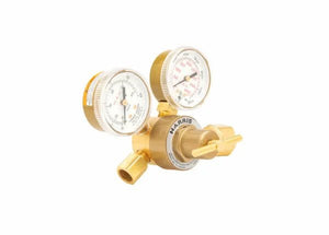 Harris 3000164 301-CD60-320 Single Stage Flowgauge Regulator for welding gases with dual gauges, knobs, HARRIS logo, on white.