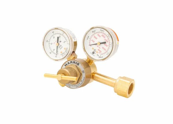 Harris 3000164 single stage flowgauge regulator with dual pressure gauges, large nut, and control handle for welding gases.