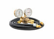 Harris 4400231 welding gas regulator kit with dual gauge brass flowgauge, long black hose, metal connectors on white background.