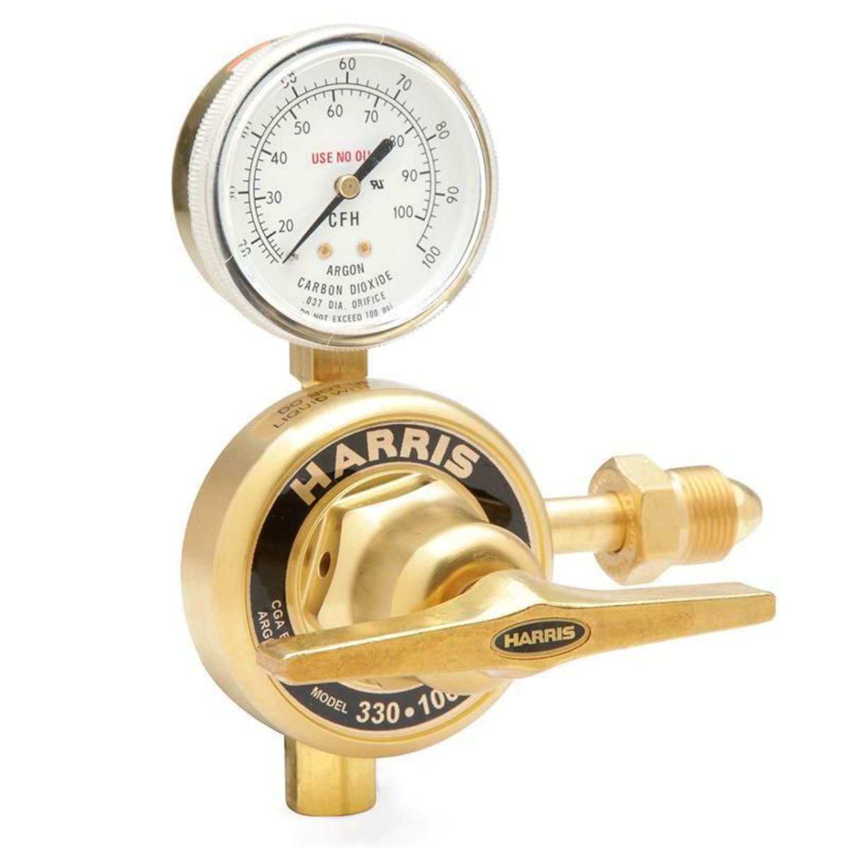 The Harris 330-350-580 Single Stage Argon/Nitrogen Regulator (3001094) features a CFH pressure dial, adjustment knob, connector fitting, and a gauge face displaying a USE NO OIL warning. Suitable for argon and nitrogen gases.