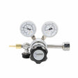 Harris 401C-015-350-A welding gas regulator with neoprene diaphragm, dual gauges, brass outlet, knob, for precise gas flow control.