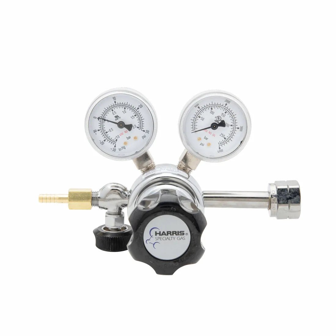 Harris 401C-015-350-A welding gas regulator with neoprene diaphragm, dual gauges, brass outlet, knob, for precise gas flow control.