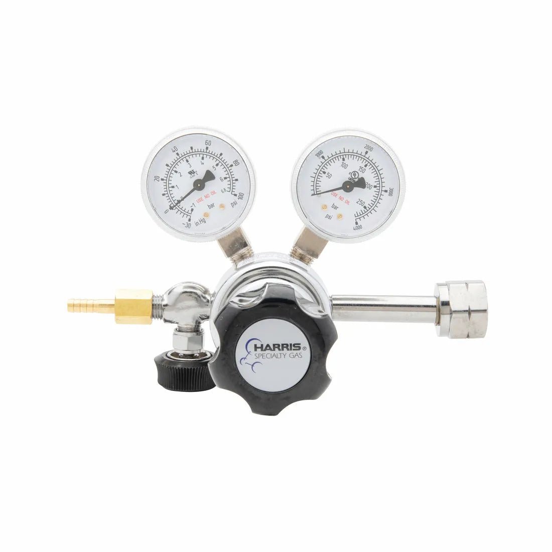 Harris 401C-050-350-A welding gas regulator with dual gauges, black knob, brass connector, neoprene diaphragm, silver body.