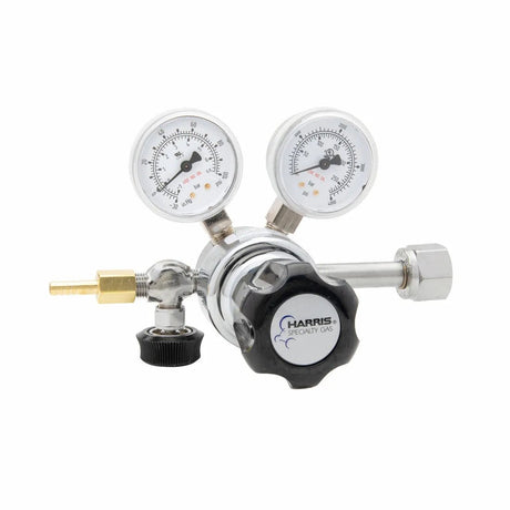 Harris 401C-050-540-A Oxygen Regulator for welding, with dual gauges, black knob, neoprene diaphragm, brass fittings on white.